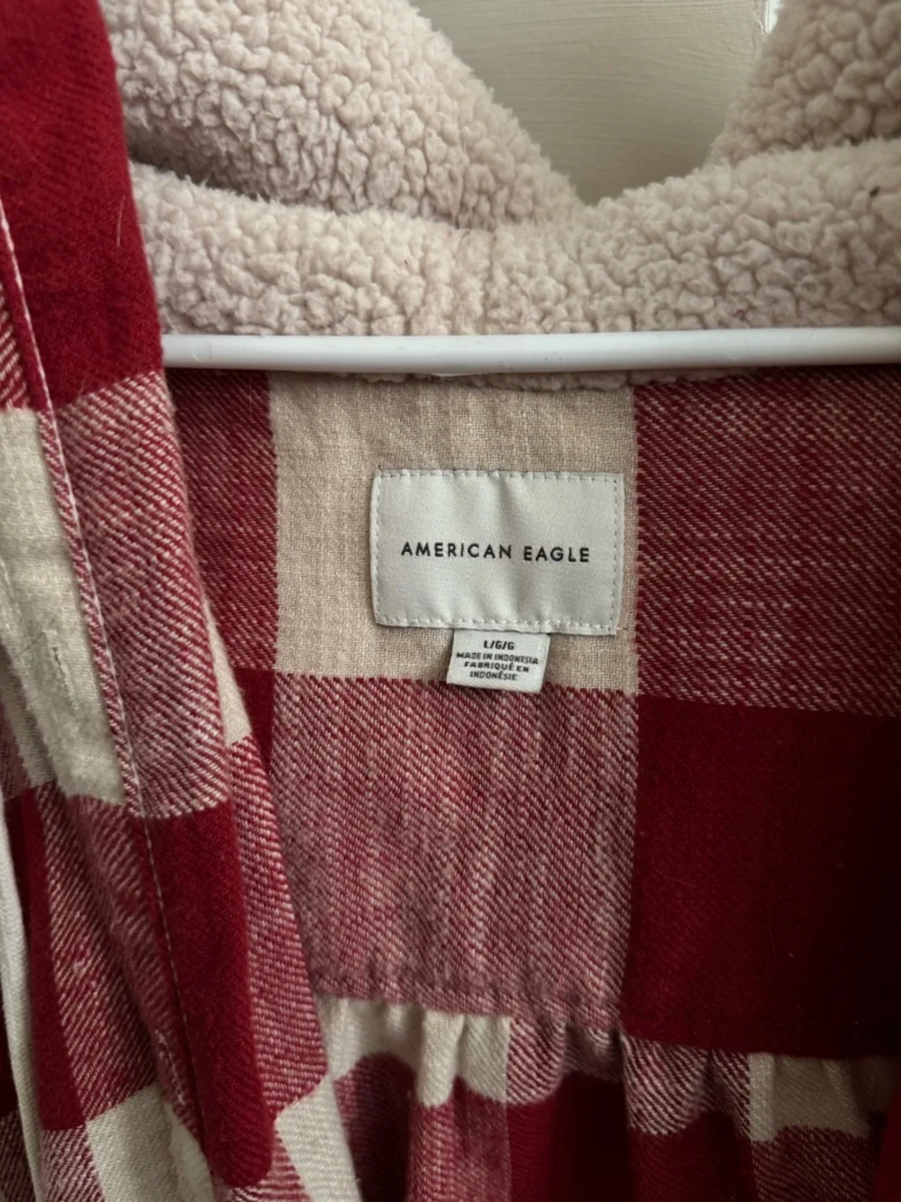 American Eagle Red & Cream Plaid Sherpa-Lined Hooded Shacket - Picture 2 of 5